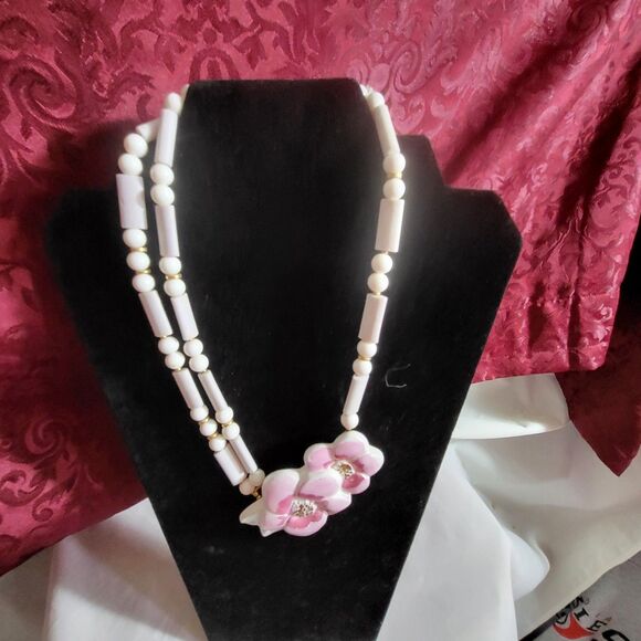 Pink Posies Porcelain & Bead Necklace 16" - Picture 2 of 4